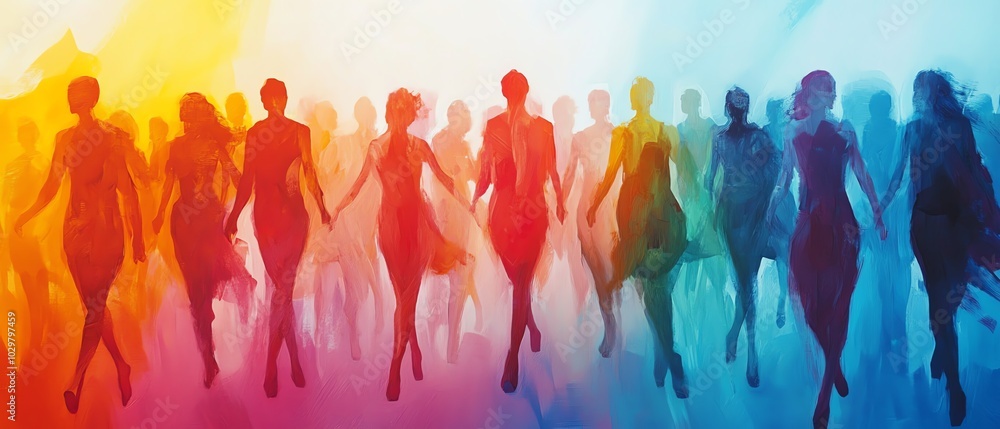 Aufkleber Stylized human figures in motion creating an abstract crowd, overlapping and merging to symbolize unity and community in a palette of vibrant contrasting hues