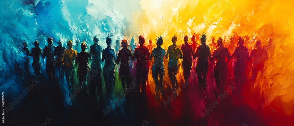 Poster Stylized human figures in motion creating an abstract crowd, overlapping and merging to symbolize unity and community in a palette of vibrant contrasting hues