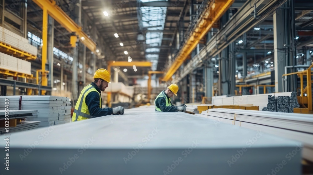 Aufkleber workers in a factory assembling large pieces of prefabricated building materials.