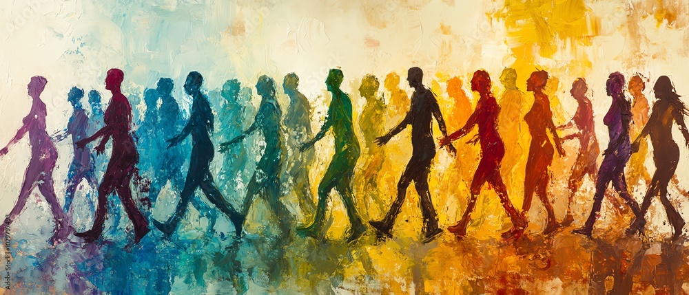 Poster Stylized human figures in motion creating an abstract crowd, overlapping and merging to symbolize unity and community in a palette of vibrant contrasting hues