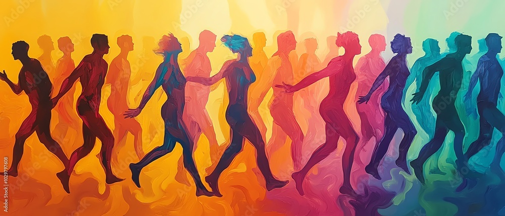 Poster Vibrant abstract art featuring diverse figures in motion, overlapping and merging to symbolize unity and community through bold contrasting color schemes