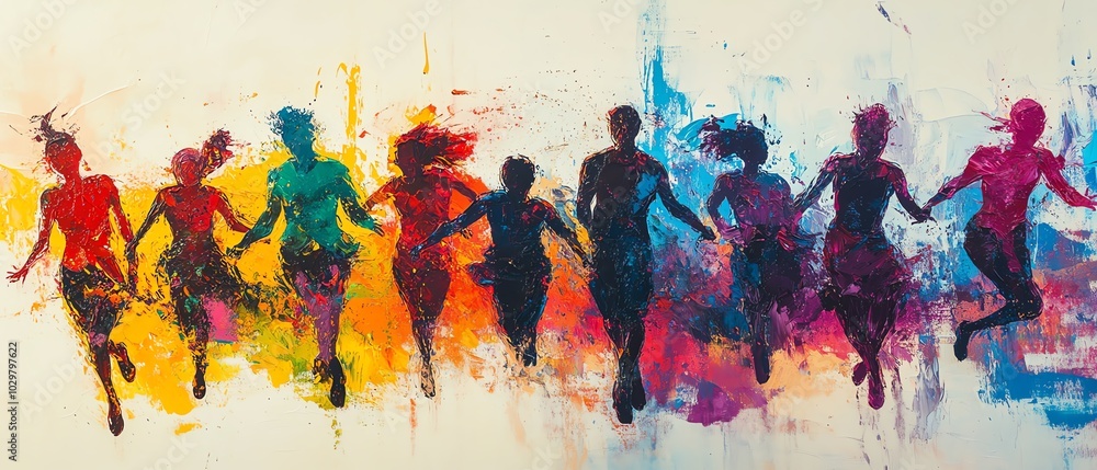 Poster Vibrant abstract art featuring diverse figures in motion, overlapping and merging to symbolize unity and community through bold contrasting color schemes