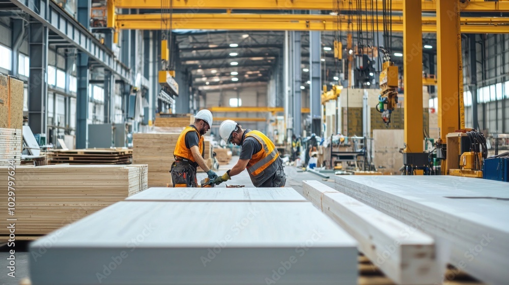 Poster workers in a factory assembling large pieces of prefabricated building materials.