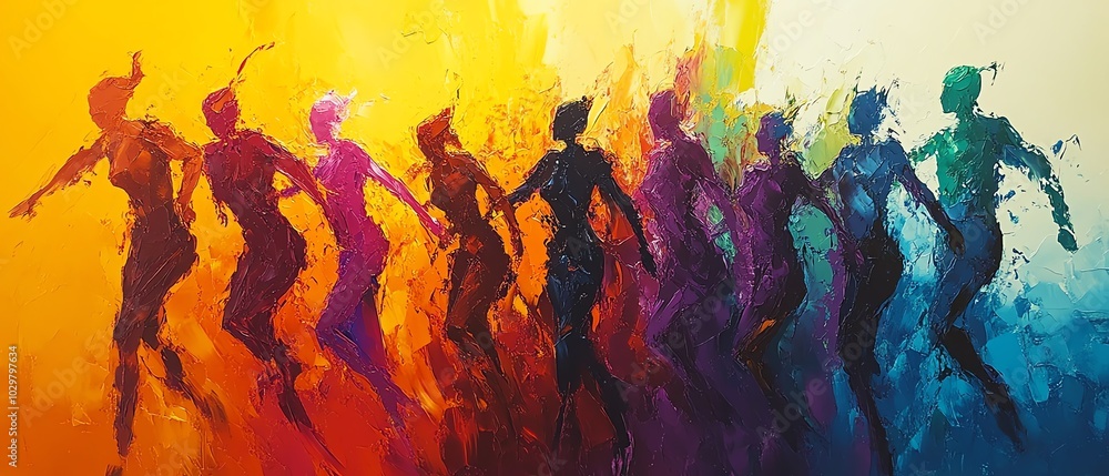 Poster Vibrant abstract art featuring diverse figures in motion, overlapping and merging to symbolize unity and community through bold contrasting color schemes