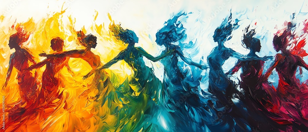 Poster Vibrant abstract art featuring diverse figures in motion, overlapping and merging to symbolize unity and community through bold contrasting color schemes