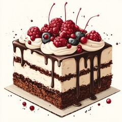 Chocolate Cake with Whipped Cream and Berries Illustration