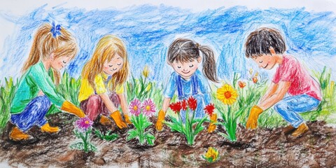 Obraz premium Four children planting flowers in garden.