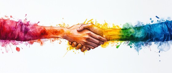 Watercolor style art featuring interlocking hands of diverse backgrounds, surrounded by splashes of rainbow colors, symbolizing unity and charity inspiration