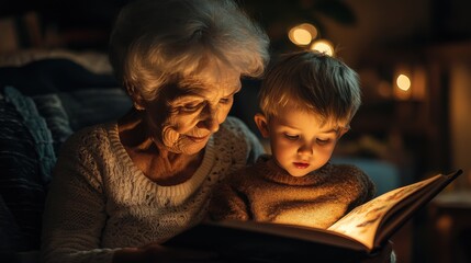 Fototapeta premium An authentic moment of a grandmother and grandson sharing a storybook, the light from the lamp casting a warm glow.