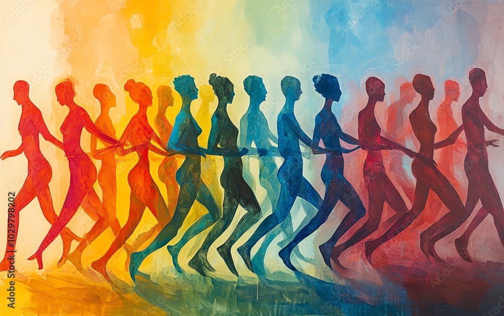 Poster Abstract representation of a diverse crowd with stylized human figures in motion, merging and overlapping to symbolize unity and community in bold colors