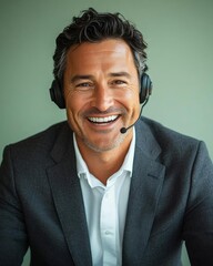 Smiling man in suit with headset