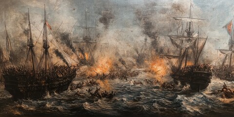 Fototapeta premium Naval battle scene with ships and smoke.
