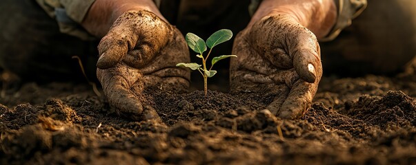 Closeup of a farmers weathered hands gently planting a seedling in rich dark soil