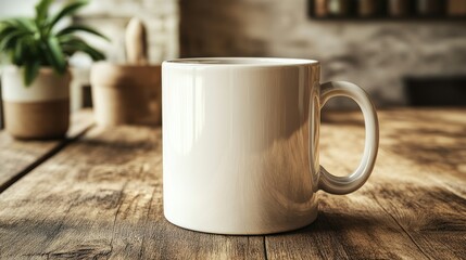 Fototapeta premium A white coffee mug sits on a rustic wooden table with a plant and other decor in the background.
