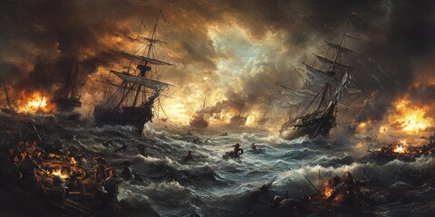 Naklejka premium Ships in a violent sea battle, flames engulfing vessels.