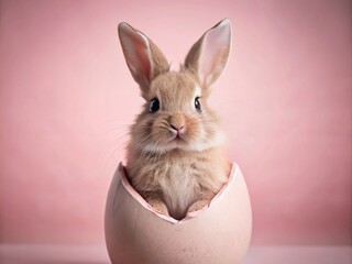Obraz premium Cute Easter Bunny Hatching from Pink Egg on Pastel Background - Perfect Spring Decoration
