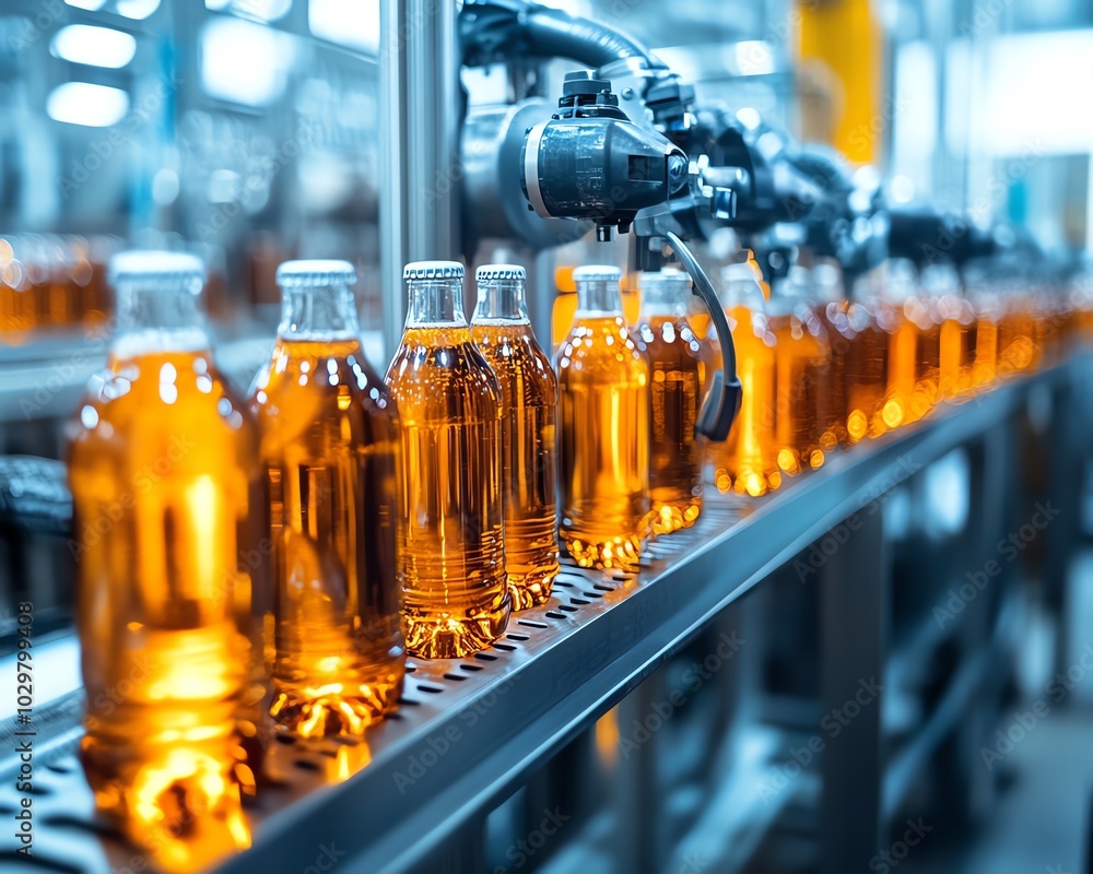 Aufkleber closeup of hightech automated beverage production, showcasing a bottling line with gleaming stainles
