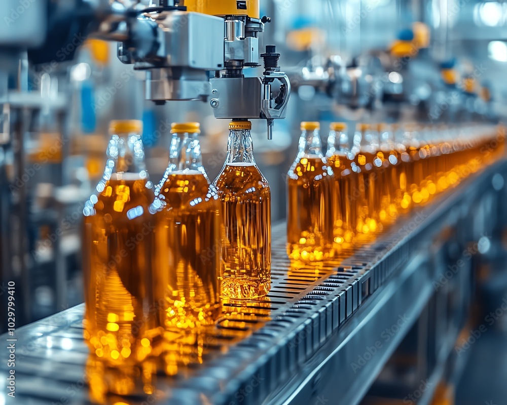 Leinwandbilder closeup of hightech automated beverage production, showcasing a bottling line with gleaming stainles