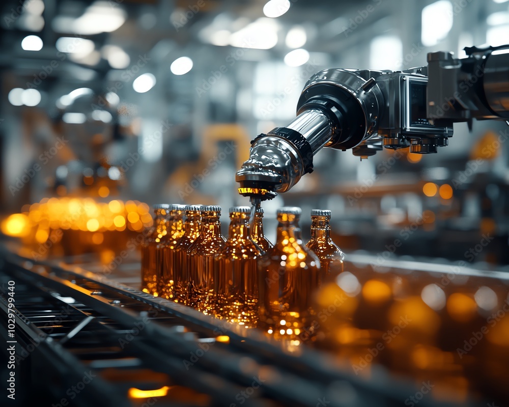 Fototapete closeup of hightech automated beverage production, showcasing a bottling line with gleaming stainles