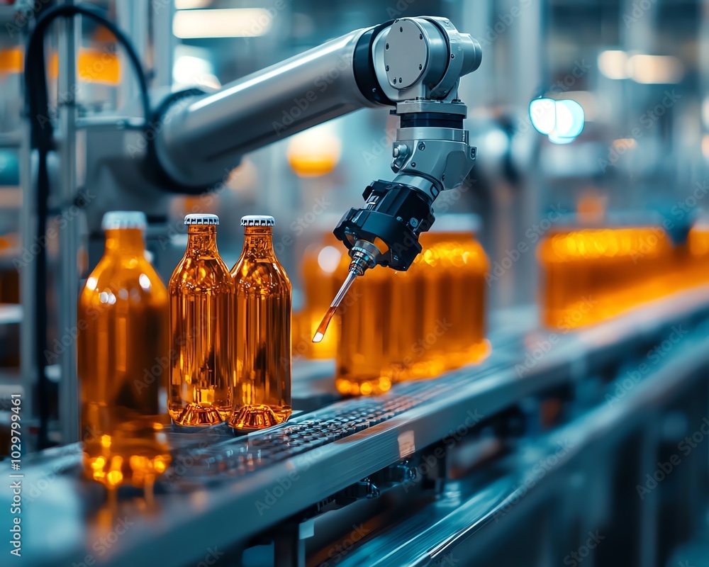 Aufkleber Closeup of hightech automated beverage production, showcasing a bottling line with gleaming stainless steel machinery and efficient robotic arms for optimal performance