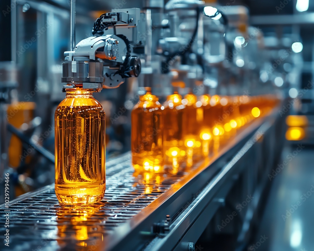 Poster futuristic automated beverage production with a hightech bottling line, featuring stainless steel ma