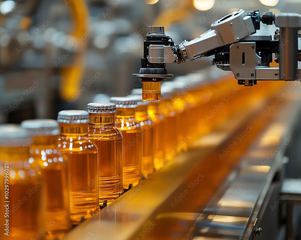 Poster hightech bottling line in automated beverage production, featuring gleaming stainless steel equipmen