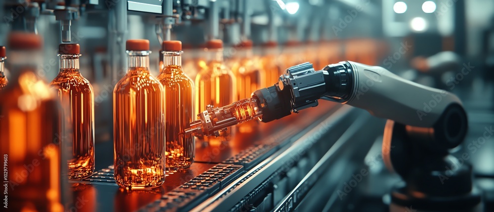 Poster Hightech automated beverage production with a sleek bottling line, gleaming stainless steel machinery, and robotic arms, emphasizing industrial efficiency and precision