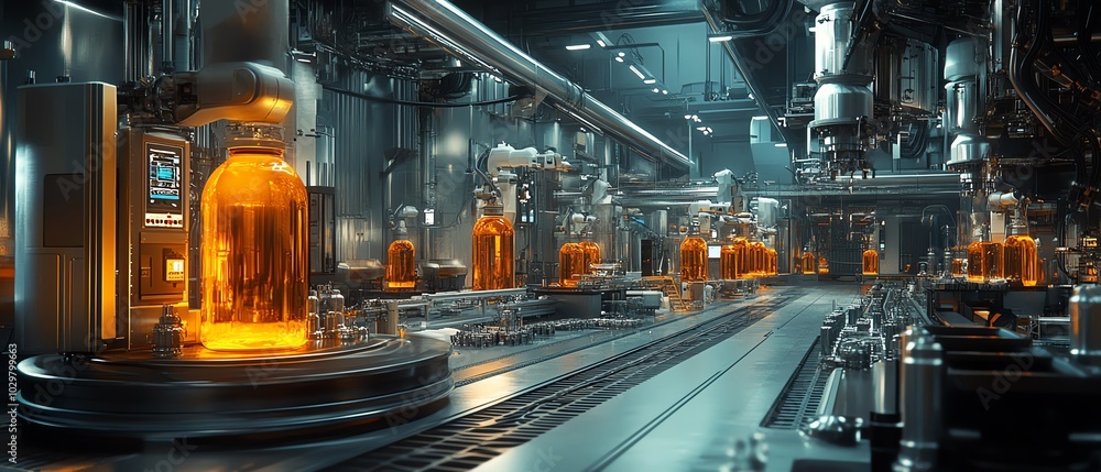 Poster industrial beverage production scene with a hightech bottling line, showcasing gleaming stainless st
