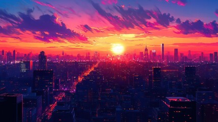 Fototapeta premium A vibrant sunrise over a cityscape with a bright orange, pink, and purple sky and fluffy clouds.