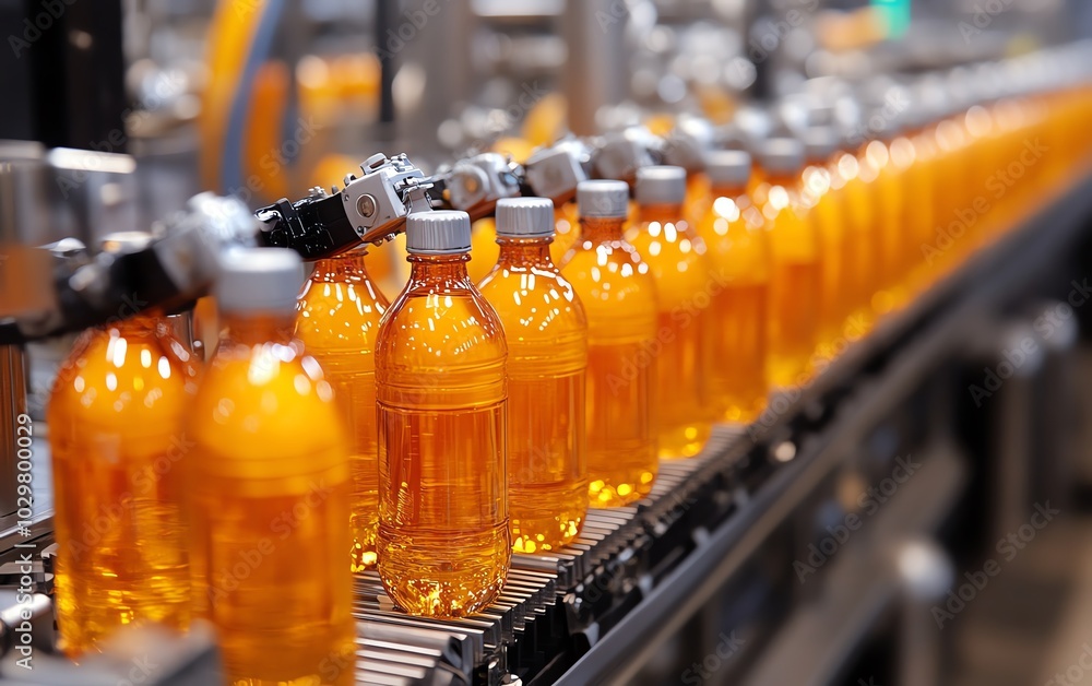 Leinwandbilder advanced automated beverage production with a focus on hightech bottling lines, featuring shining st