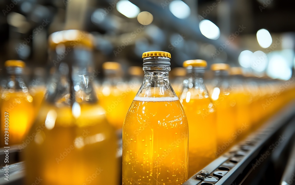 Fototapete advanced automated beverage production with a focus on hightech bottling lines, featuring shining st