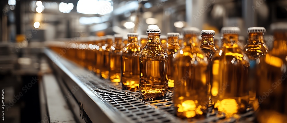 Poster automated beverage production featuring a hightech bottling line with gleaming stainless steel machi