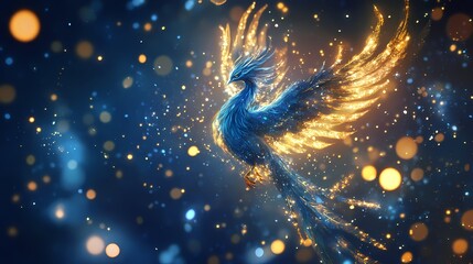 Traditional blue green glowing phoenix illustration poster background
