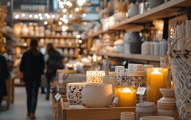 A cozy home decor store with Black Friday discounts, warm lighting, shelves of discounted home accessories, and shoppers browsing through elegant items with stylish sale tags