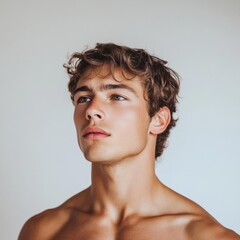 Young man with tousled hair, thoughtful expression.