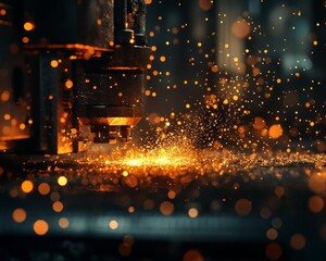 Metalworking sparks from machine, dark background