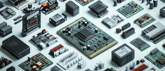 Naklejka premium A sleek isometric display of modern processors, showcasing microchips and motherboard components in a visually appealing arrangement on a white background