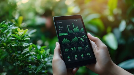 A close-up of hands holding a digital device displaying a carbon footprint tracker, with numbers and graphs showing progress toward sustainability goals.