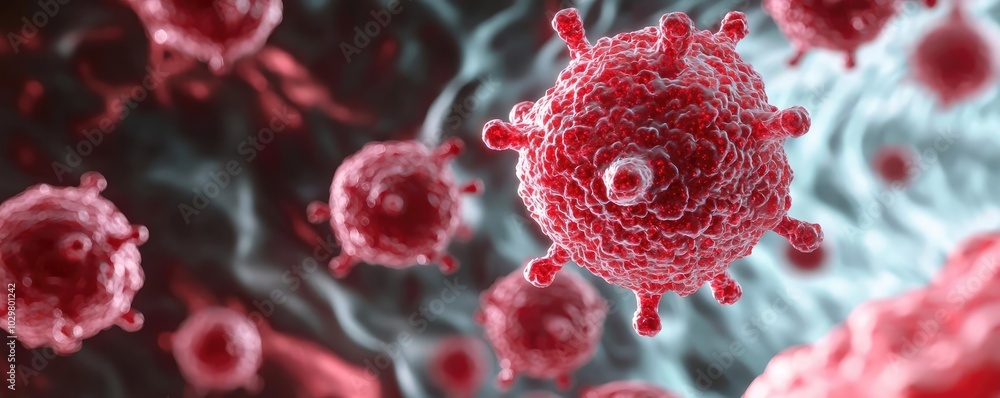 Poster red virus cells with intricate structures on a dark background