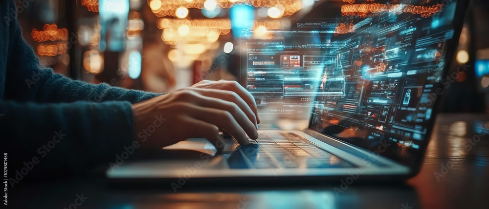Poster Businessman browsing through an online shopping platform on a laptop, virtual screen displaying checkout and delivery options