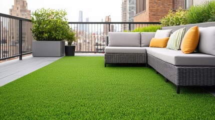 Modern balcony with synthetic grass, stylish sofa, and vibrant cushions for a cozy outdoor living space.