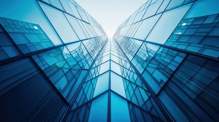 Obraz premium Abstract perspective of modern glass buildings reaching towards the sky