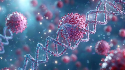 Colorful DNA strands and cells in a vibrant scientific illustration.