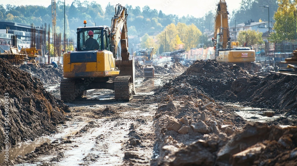 Poster a busy construction site with piles of materials and machinery in use.