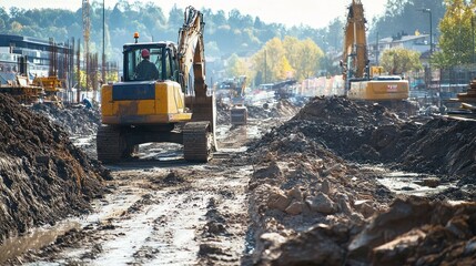 A busy construction site with piles of materials and machinery in use.