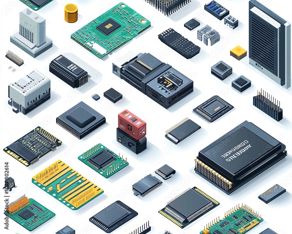 Aufkleber isometric view of a modern set of processors, featuring microchips, capacitors, semiconductors, and 