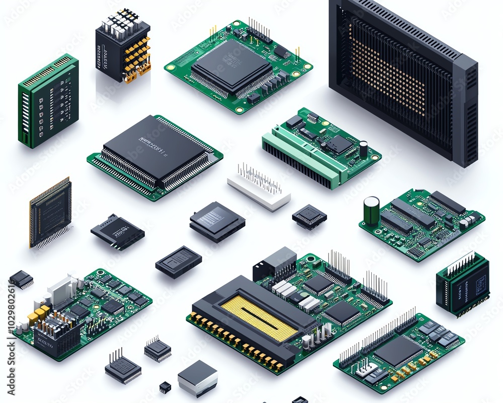 Poster isometric view of a modern set of processors, featuring microchips, capacitors, semiconductors, and 