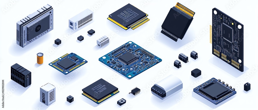 Poster modern microprocessor set displayed in an isometric style, including chips, capacitors, and motherbo