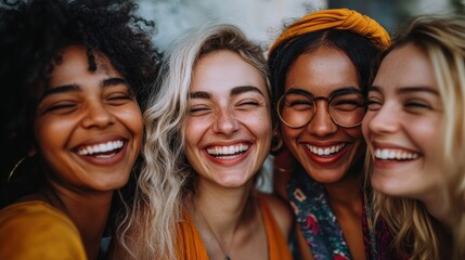 Fototapeta premium A detailed shot of a diverse group of people laughing together, their faces showing genuine joy and camaraderie, highlighting community and connection.