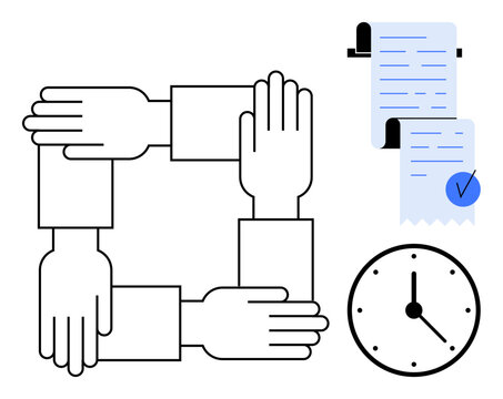 Four hands form a square, symbolizing teamwork. Accompanying are two documents with check marks and a clock. Ideal for business cooperation, time management, project planning, deadlines